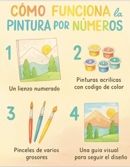 Infografía ilustrada titulada “Cómo funciona la pintura por números”, con fondo color crema y estilo acuarela