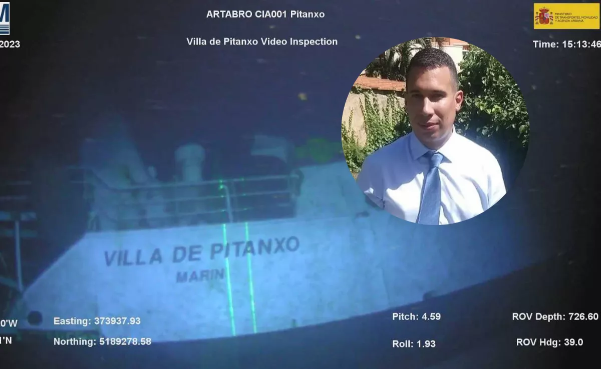 Imágenes del pecio del 'Villa de Pitanxo' recogidas por el robot Artabro y una fotofrafía del canario Manuel Navarro, que murió ahogado en el naufragio./ MONTAJE AH