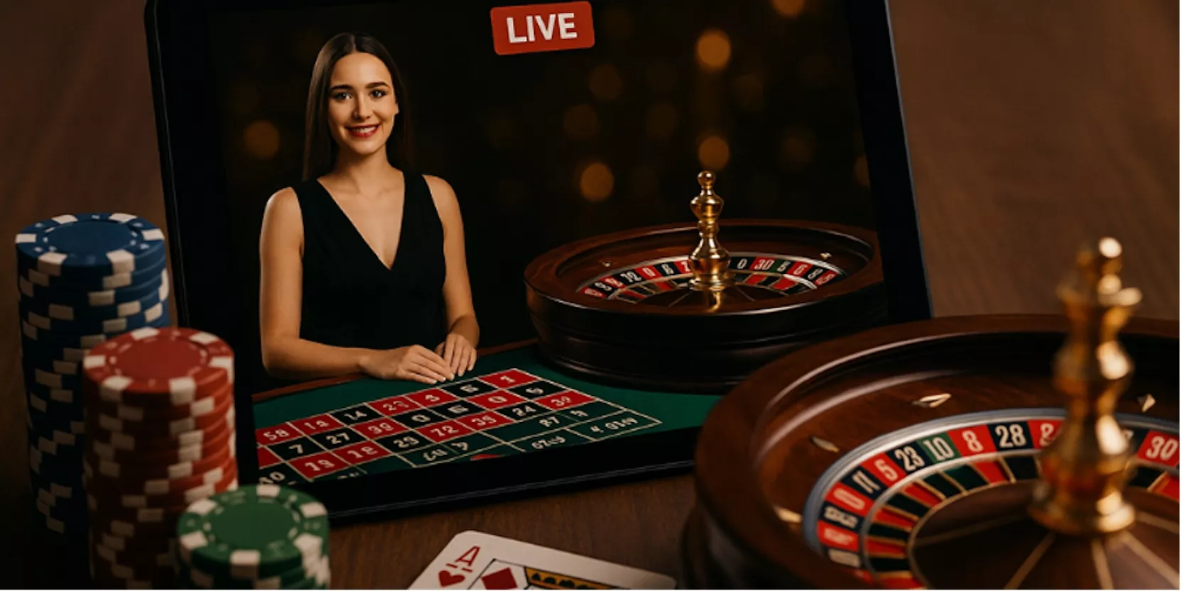 Juego de ruleta en vivo en línea con crupier y mesa de apuestas