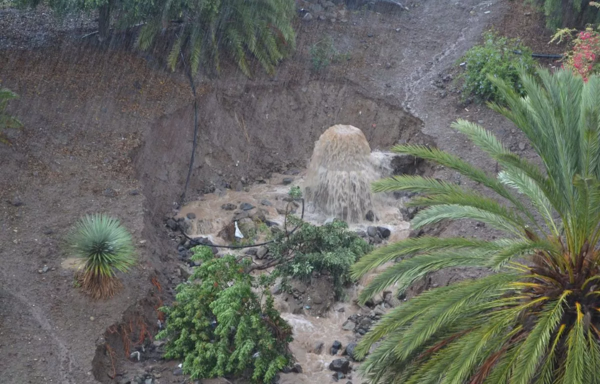 Imagen de la inundación de 2015 en la urbanización Reina Mercedes, cuando el colector colapsó y el agua brotó con fuerza desde el subsuelo, anegando garajes y arrastrando tierra y vegetación.