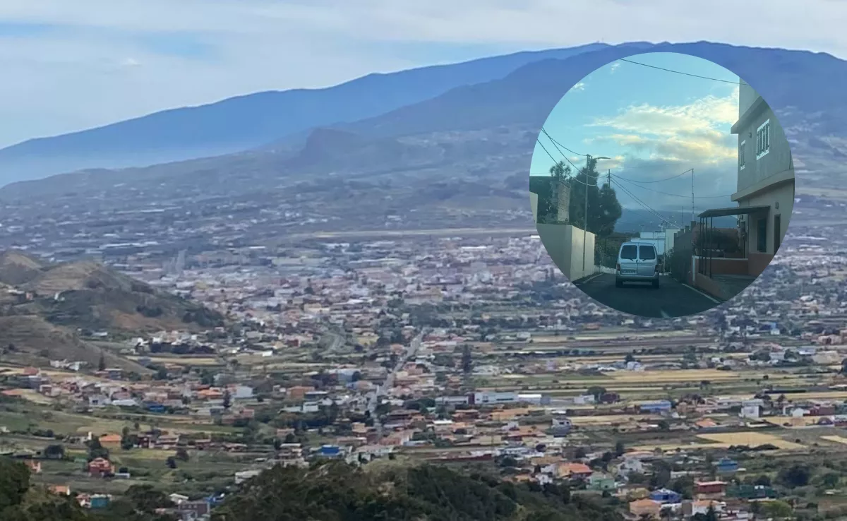 Vista aérea de Jardina, en La Laguna, y de la carretera del núcleo, estrecha para dos coches. / MONTAJE AH