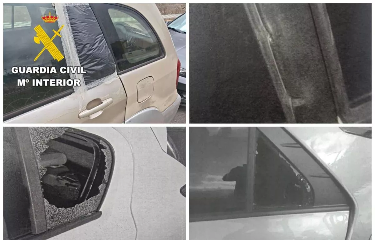 Varios vehículos dañados tras los robos cometidos en el Polígono de Arinaga mediante el método de fractura de la ventanilla trasera. / Guardia Civil