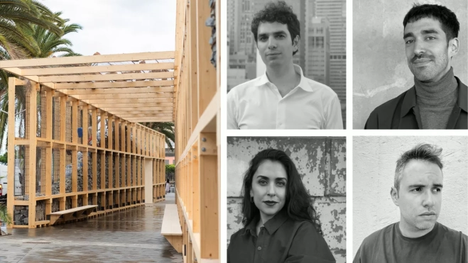 A la izquierda, el pabellón; a la derecha, el equipo de arquitectos / AH