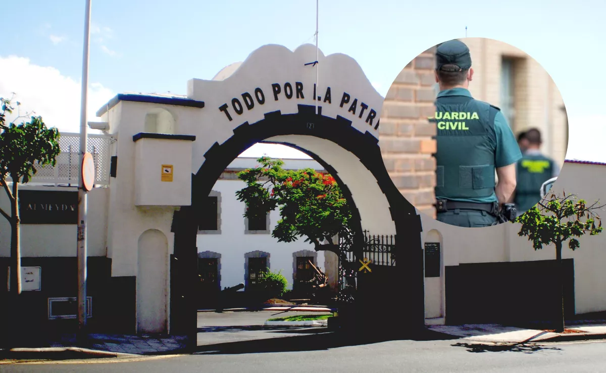 Imagen del cuartel de Almeyda en Santa Cruz de Tenerife junto a un guardia civil. / MONTAJE AH