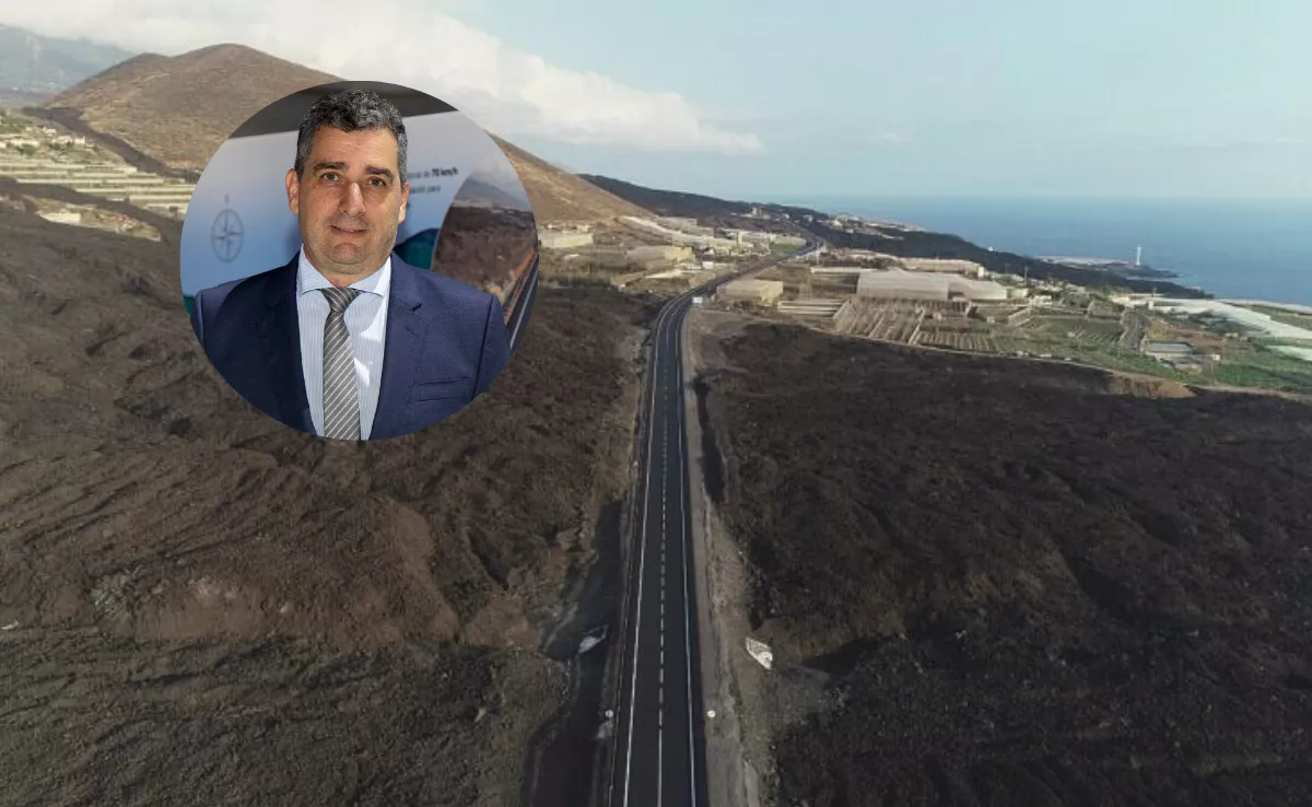 El ingeniero José Luis Rodríguez Prada y la carretera construida sobre lava que une la costa de Tazacorte con Puerto Naos en Los Llanos de Aridane / MONTAJE AH