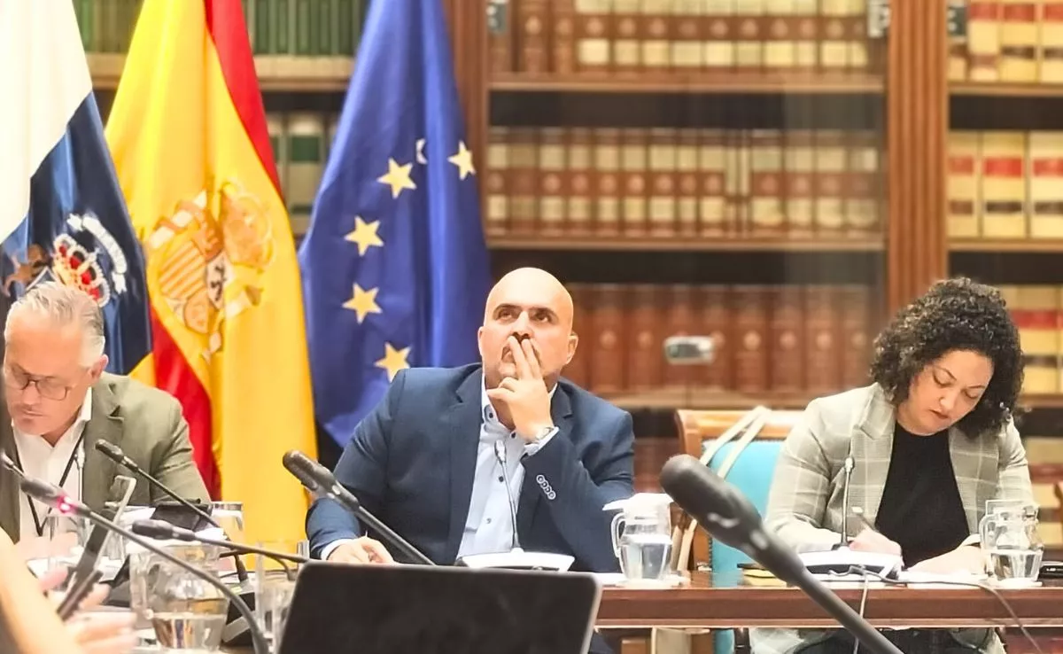 En el centro, el consejero delegado de Gestur, Agoney Piñero. A la izquierda, uno de los juristas de Gestur, Andrés Vila, ambos en una comisión del Parlamento de Canarias sobre el bloqueo urbanístico en Cho-Parque la Reina./ AH