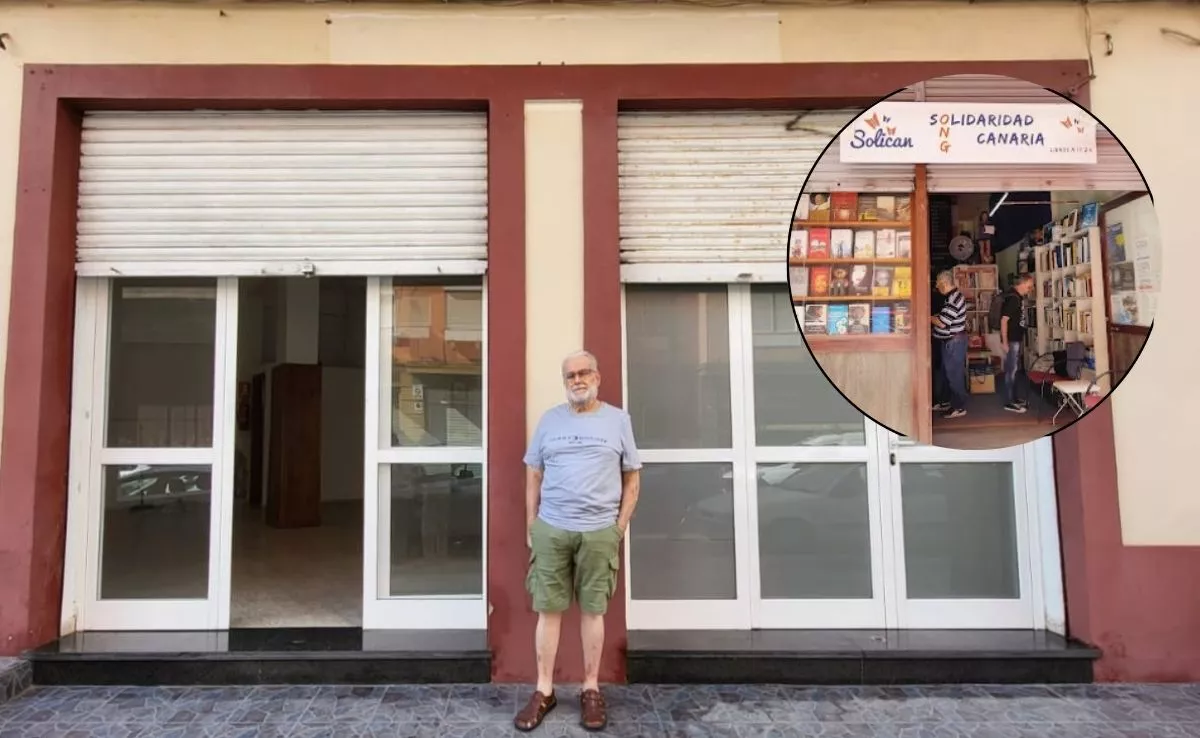 Luis De la Cruz en el exterior de la nueva Librería Solidaria de Santa Cruz|MONTAJEAH