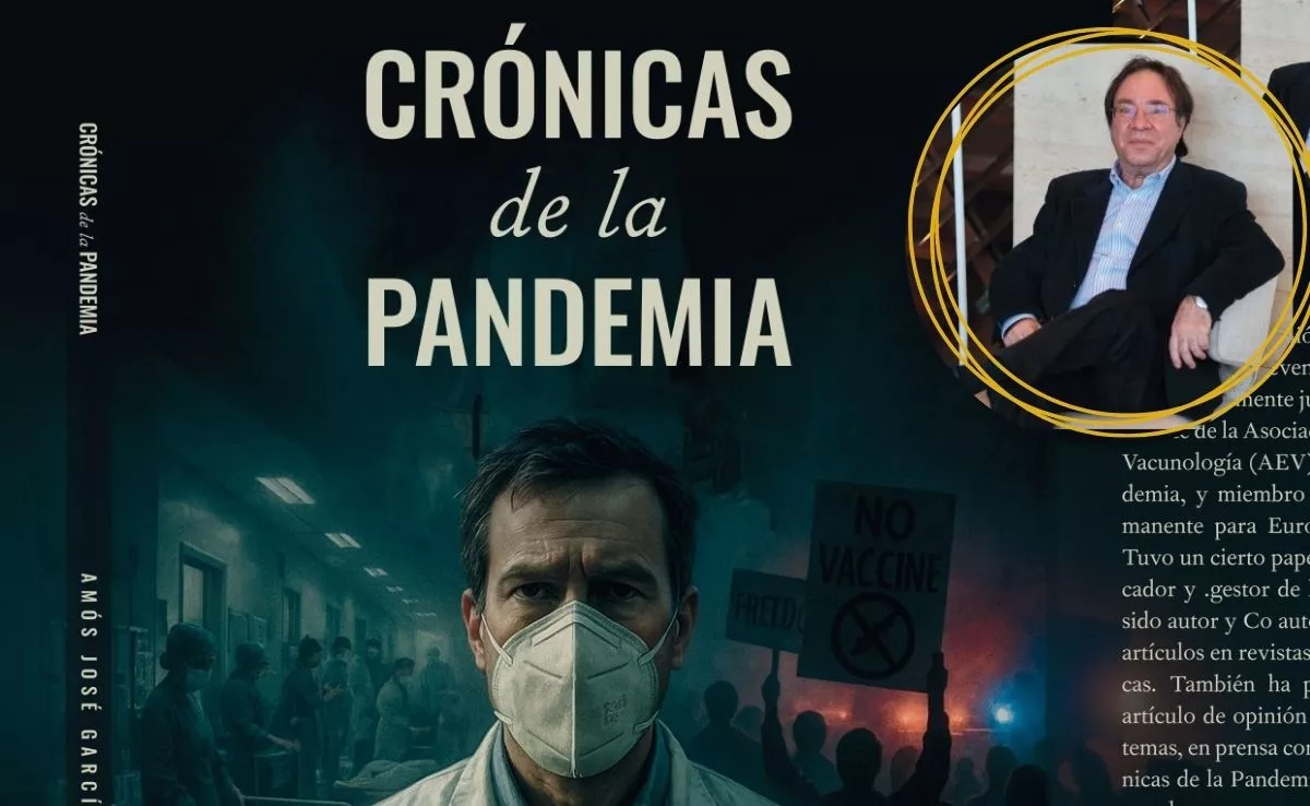 Amós García Roja sobre fondo de su libro 'Crónicas de la pandemia'|CEDIDA