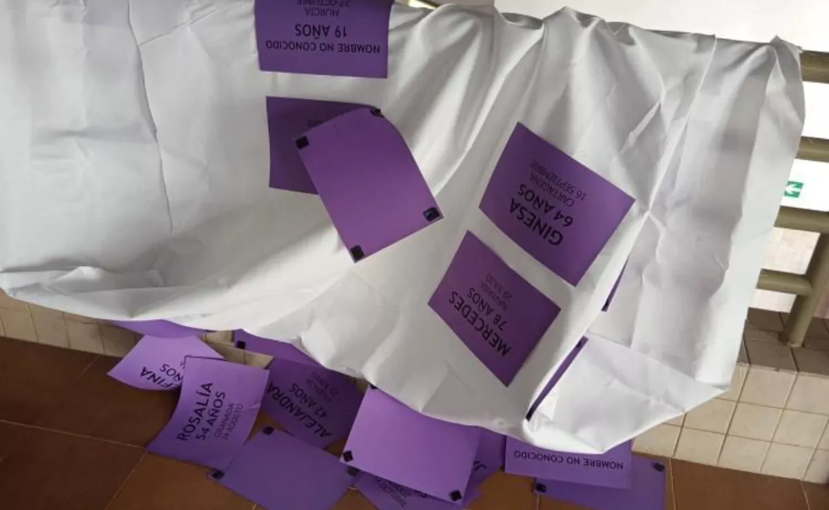 Cartel en memoria de las 30 mujeres asesinadas por violencia machista en España en 2025 que han destrozado en la ULL./ ULL