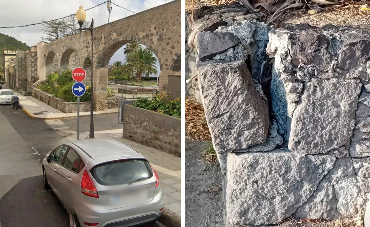 A la izquierda, el acueducto de Tafira Alta y una de las piedras desprendidas / AH