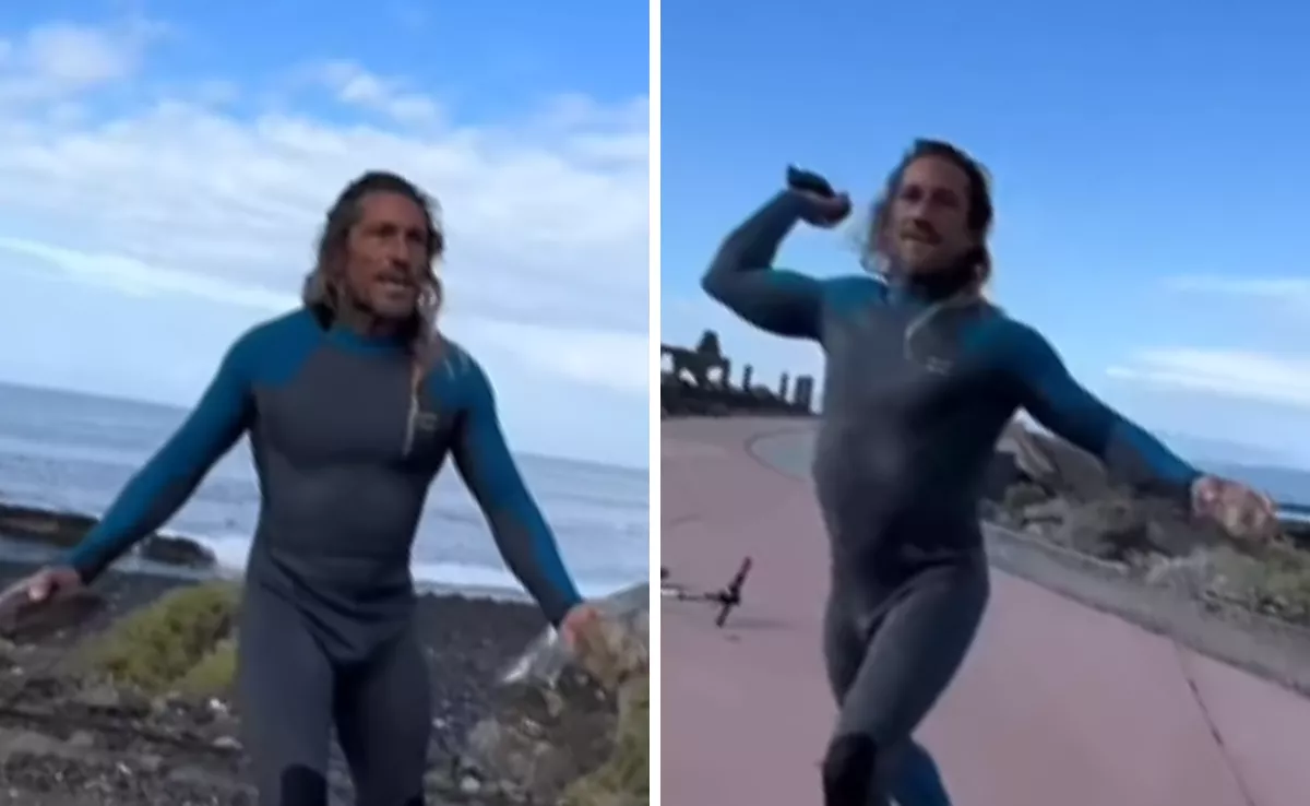 Un surfista en Tenerife tirando piedras a otro por robarle las olas./ RRSS