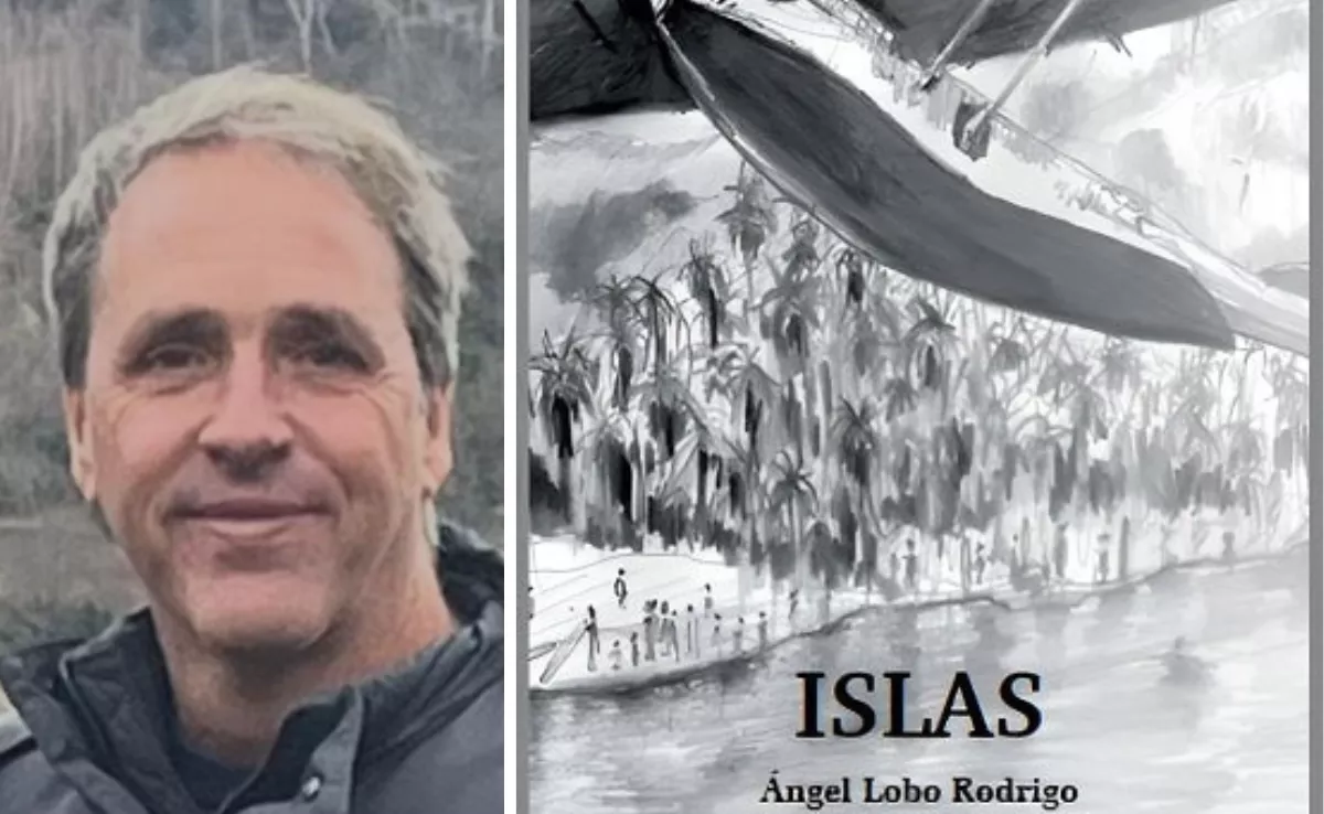 El escritor, profesor de la ULL y presidente de la Federación Canaria de Surf, Ángel Lobo, junto a la portada de su novela, 'Islas'. / AH