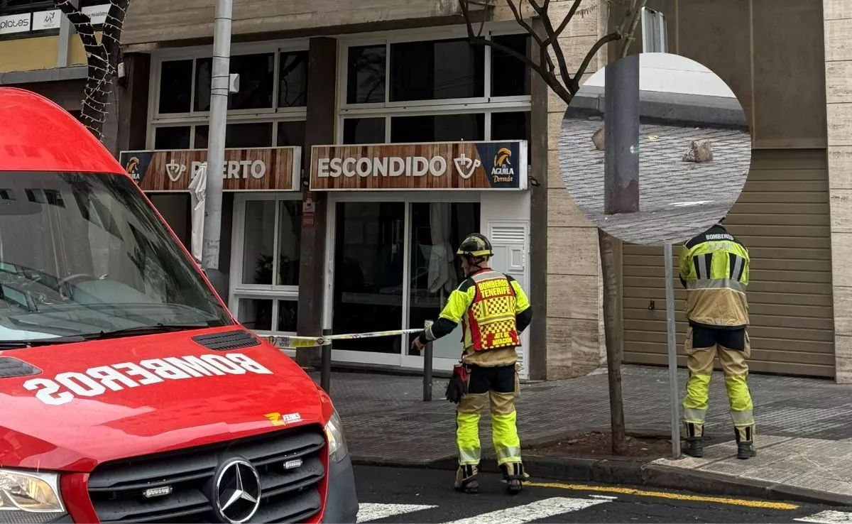 Edificio del que han caído los cascotes, sobre el bar Puerto Escondido, y detalle de las piedras donde se puede observar su tamaño. /AH