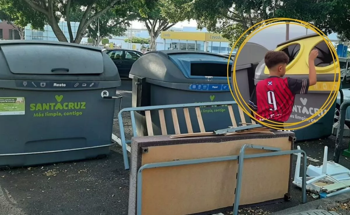 Enseres tirados y niño haciendo buen uso del contenedor|MONTAJEAH