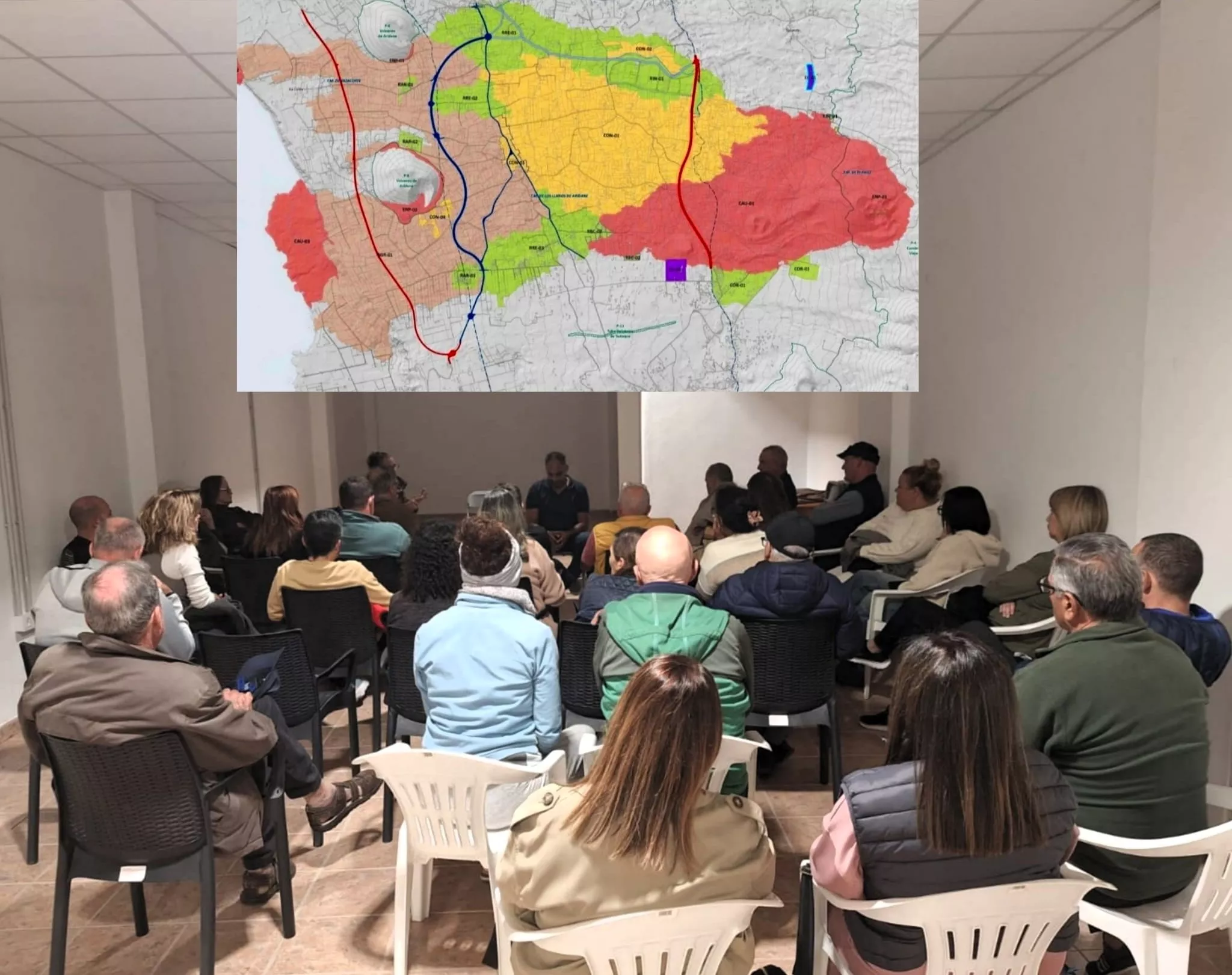 Reunión de vecinos de El Paraíso y Corazoncillo y, sobreimpresoinado, el mapa de ordenación vigente desde 2023. CEDIDA