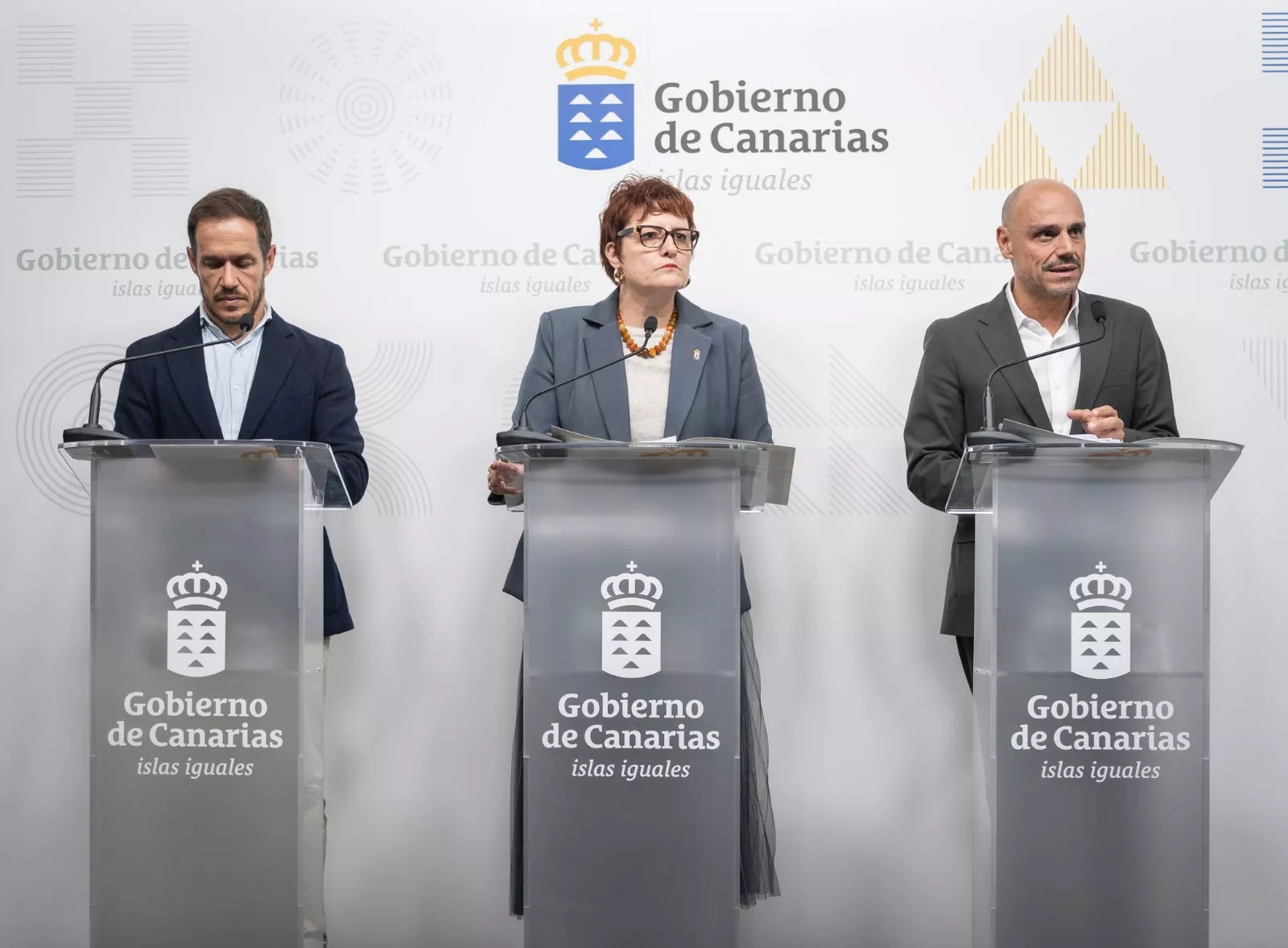 Los consejeros de Transición Ecológica, Mariano Zapata (i), y de Bienestar Social, Candelaria Delgado , y el portavoz del Gobierno de Canarias, Alfonso Cabello./ CEDIDA