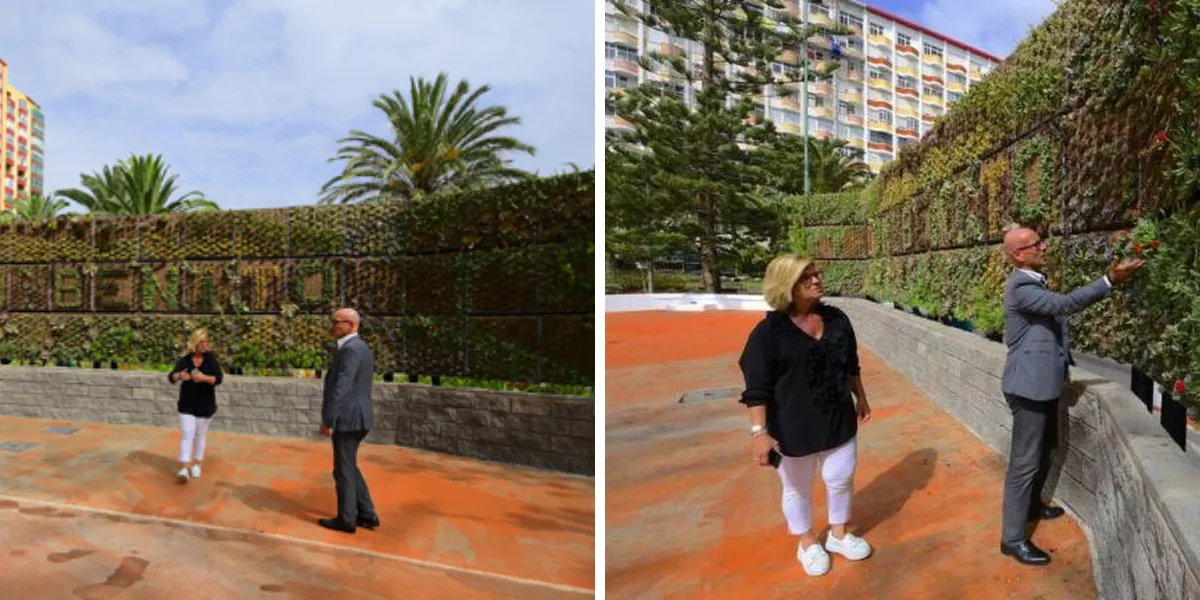 Inmaculada Medina y Miguel Ángel Padrón, en el Parque Don Benito, durante la presentación del primer jardín vertical de Las Palmas de Gran Canaria. / MONTAJE AH