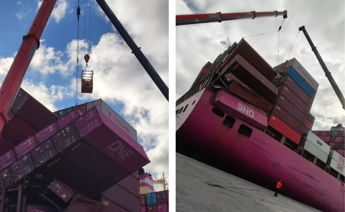 Dos detalles de la operación montada en el Puerto de Las Palmas para rescatar los contenedores del buque accidentado. / MONTAJE AH