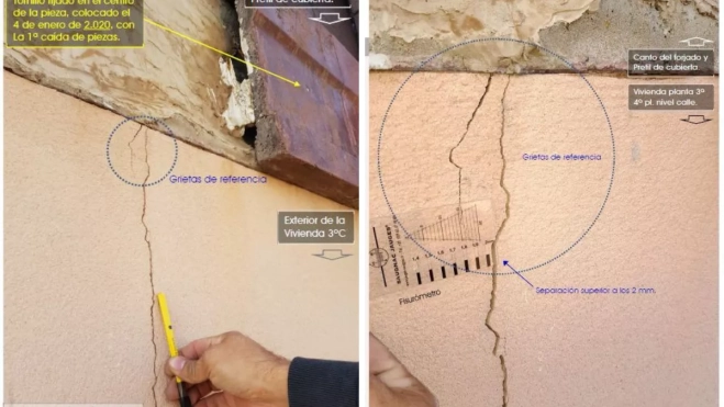 Imágenes del informe del perito en las que se analizan las grietas provocadas por las obras / MONTAJE AH Imágenes del informe del perito en las que se analizan las grietas provocadas por las obras / MONTAJE AH