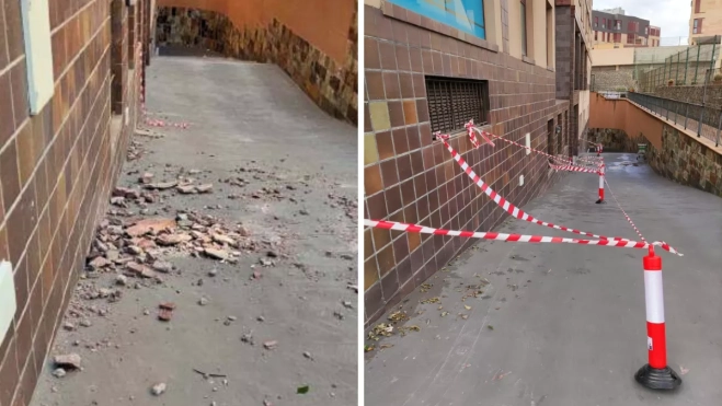 Desprendimiento de parte del edificio en la cuesta hacia el garaje por culpa del efecto de las obras en la infraestructura / MONTAJE AH Desprendimiento de parte del edificio en la cuesta hacia el garaje por culpa del efecto de las obras en la infraestructura / MONTAJE AH