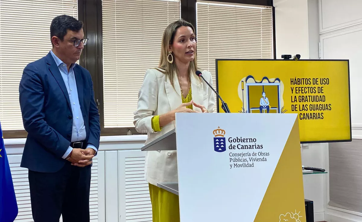 La directora general de Movilidad, María Fernández, presenta los datos del impacto positivo de la gratuidad del transporte público en Canarias / ARIADNA MARTÍNEZ - ATLÁNTICO HOY 