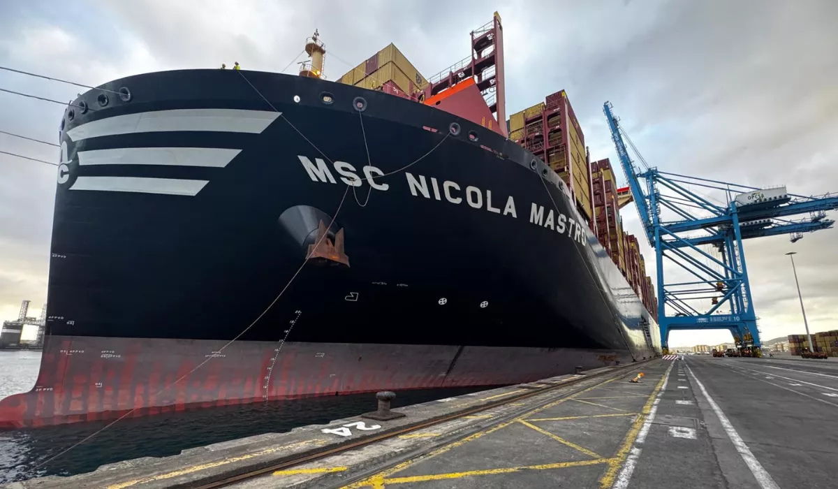 El 'MSC Nicola Mastro', con capacidad para 24.116 TEU, uno de los gigantes de la naviera, durante una escala reciente en el Puerto de Las Palmas. / AH 