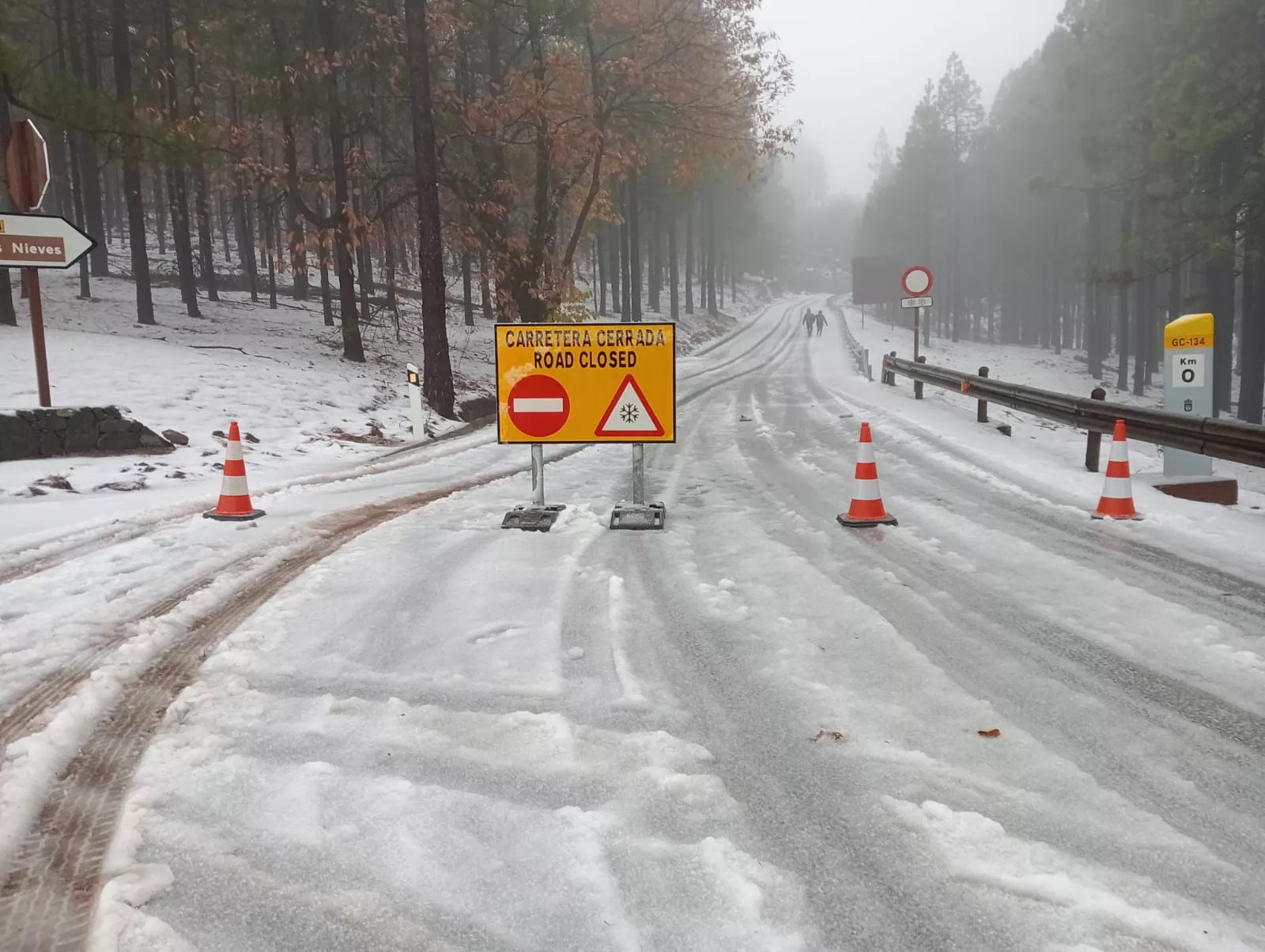 Imagen de carretera cortada en la cumbre de Gran Canaria. / CEDIDA Imagen de carretera cortada en la cumbre de Gran Canaria. / CEDIDA