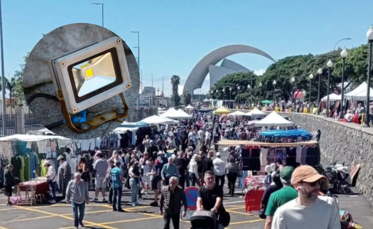 Imagen de la actual ubicación del Rastro de Santa Cruz de Tenerife y un foco de luz led. / AH