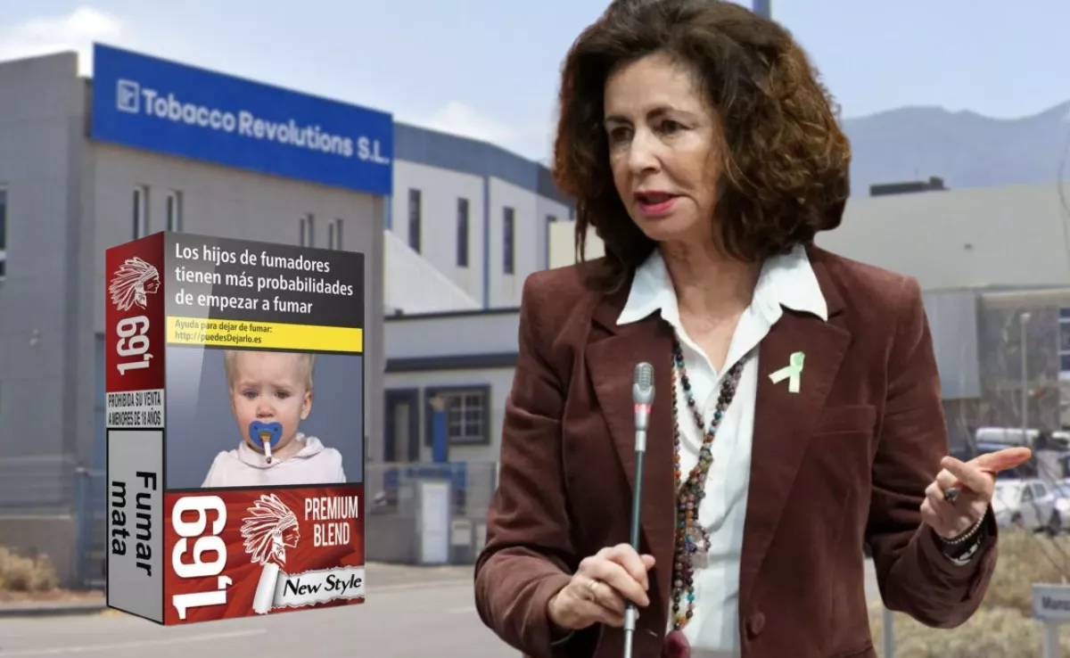 Matilde Asian, consejera de Hacienda de Canarias, y la fábrica de la empresa Tobacco Revolutions SL, que produce la marca 1,69./ MONTAJE AH