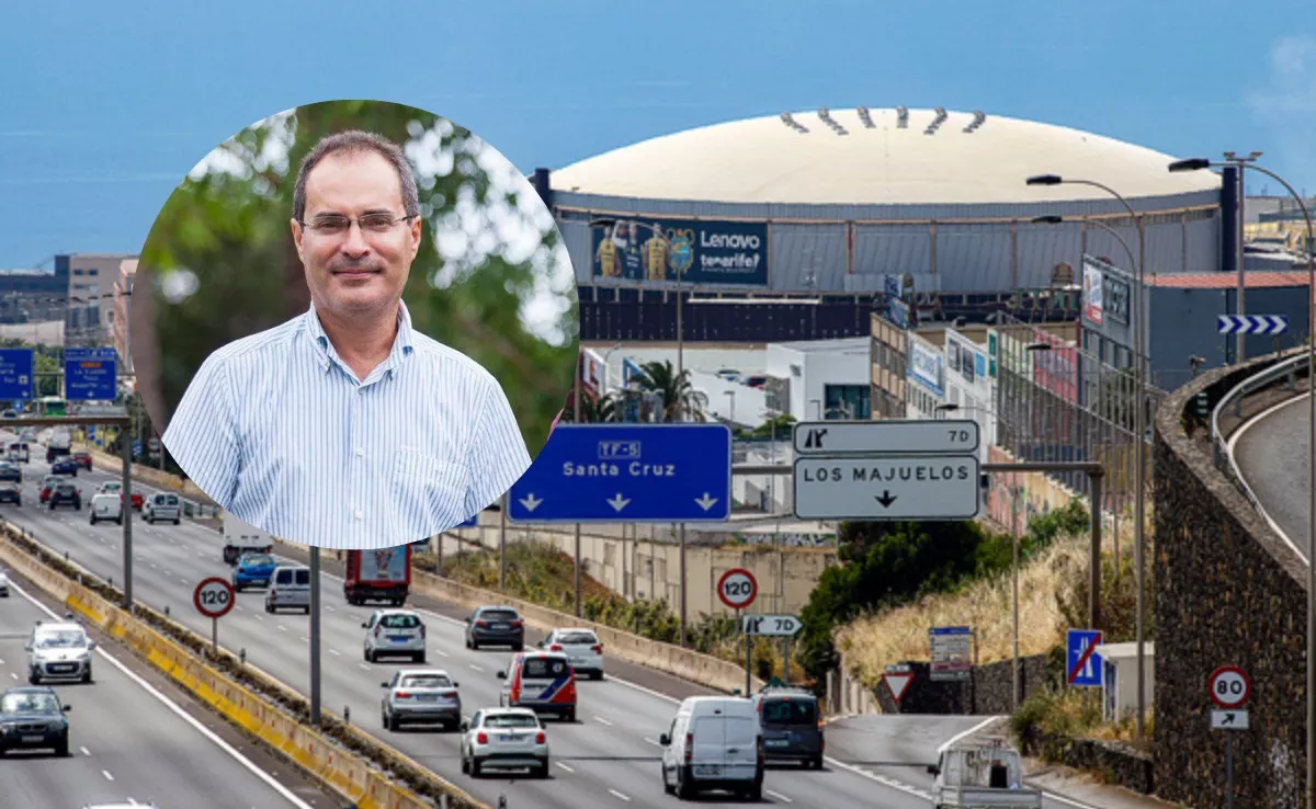El profesor de marketing de la ULL, Desiderio Gutiérrez Taño, y el pabellón Santiago Martín./ MONTAJE AH