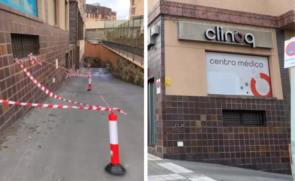 Fachada del centro médico Clinoq, en Siete Palmas, con los desperfectos causados por las obras. / AH