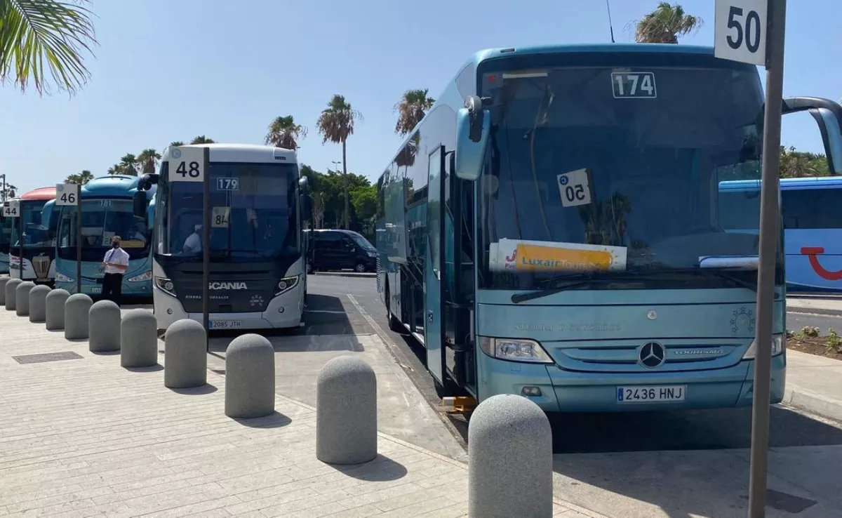 En la imagen, guaguas turísticas en el Aeropuerto de Tenerife Sur / ASHOTEL