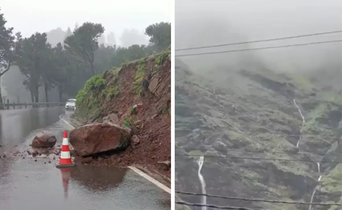 A la izquierda, el desprendimiento en una carretera; a la derecha, lluvias este domingo / AH