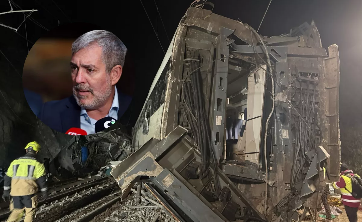Imagen del presidente de Canarias, Fernando Clavijo, y uno de los trenes siniestrados. / MONTAJE AH