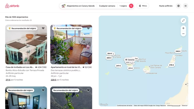 Imagen de la página web de Airbnb con alojamientos en Canarias / AH
