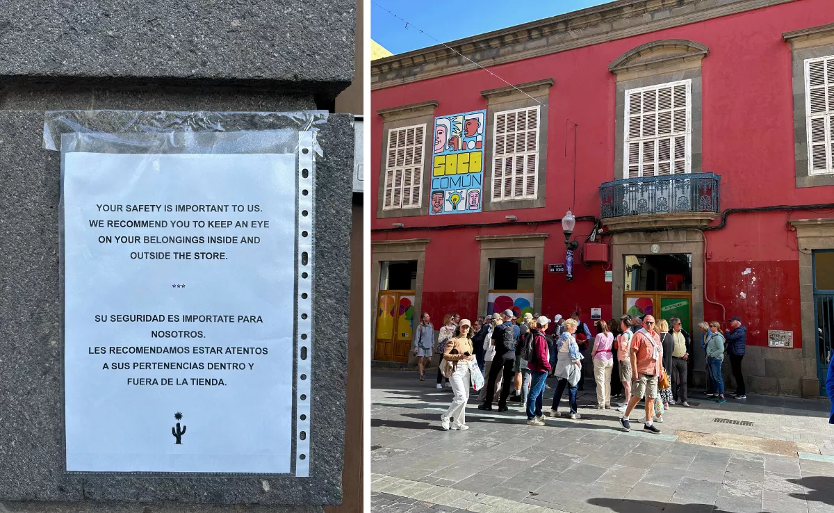 A la izquierda, el mensaje en la tienda Kactus; a la derecha, un grupo de turistas / ATLÁNTICO HOY - MARCOS MORENO