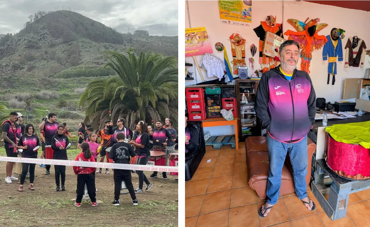 La batucada Piratas del Caribe y su presidente, Manuel Benítez. / MONTAJE AH