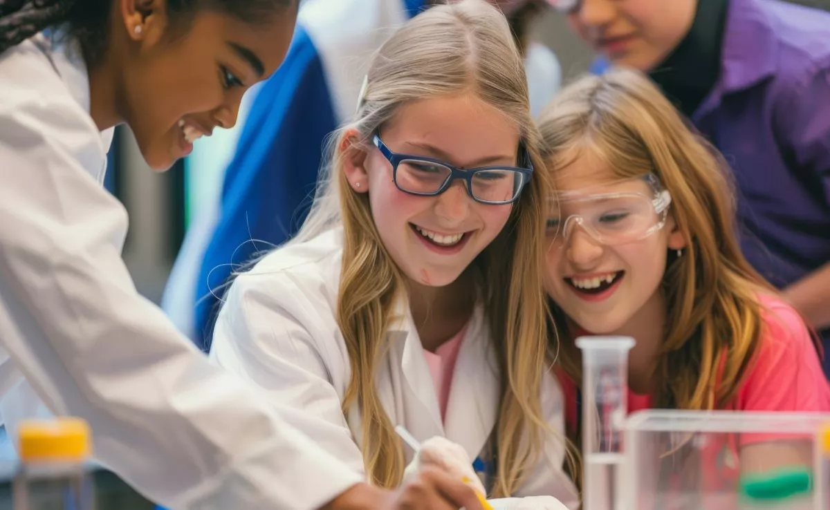 Tres niñas colaboran en un experimento químico en laboratorio. | Foto de 123RF/iftikharalam