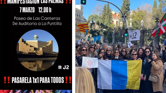En primer término, el cartel de la movilización de abogados y procuradores en Las Canteras, seguido de una protesta en Madrid con representación canaria. / MONTAJE AH En primer término, el cartel de la movilización de abogados y procuradores en Las Canteras, seguido de una protesta en Madrid con representación canaria. / MONTAJE AH