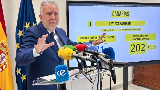 El ministro de Política Territorial, Ángel Víctor Torres, explica en rueda de prensa el reparto de menores no acompañados de Ceuta, Melilla y Canarias / EFE - Reduan El ministro de Política Territorial, Ángel Víctor Torres, explica en rueda de prensa el reparto de menores no acompañados de Ceuta, Melilla y Canarias / EFE - Reduan
