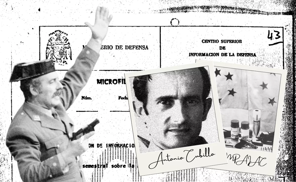 Montaje Atlántico Hoy con Antonio Tejero (i), golpista del 23F; Antonio Cubillo, líder del MPAIAC; armas de la banda y un recorte del informe del CESID./ AH