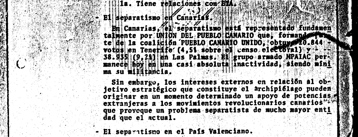 Extracto de un informe del CESID de 1981 desclasificado con los papeles del 23F que menciona un posible auge revolucionario en Canarias./ MINISTERIO DE DEFENSA