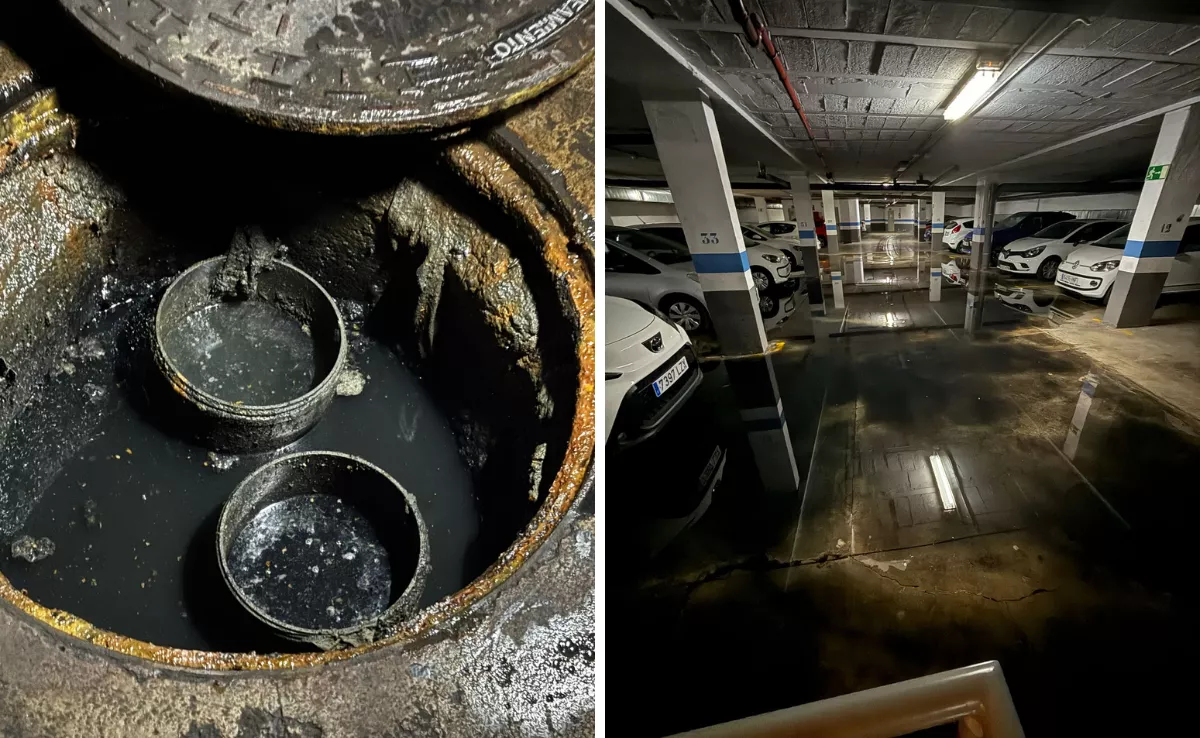A la izquierda, la fosa séptica de unos bloques de edificios de La Camella (Arona), rebosando. A la derecha, el garaje inundado de aguas fecales./ CEDIDA