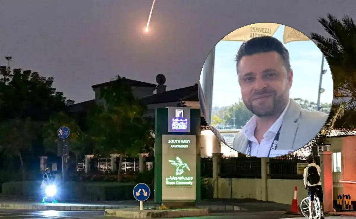 Un misil cae sobre Dubái el sábado 28 de febrero, en una imagen de AFP. En el círculo, el empresario canario Carlos García-Almonacid./ MONTAJE AH