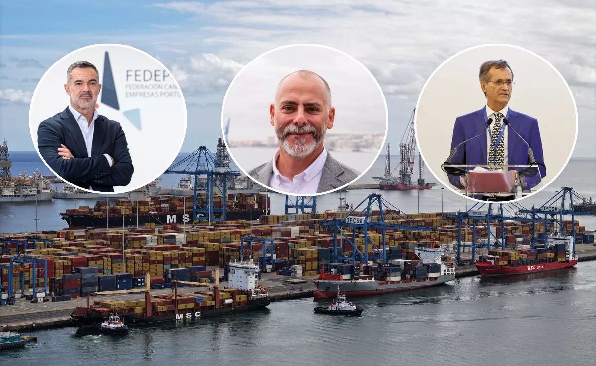 Juan José Socas, Eduardo Álvarez y José Mayor, presidentes de las patronales Fedeport, Asocelpa y One Port. / MONTAJE AH