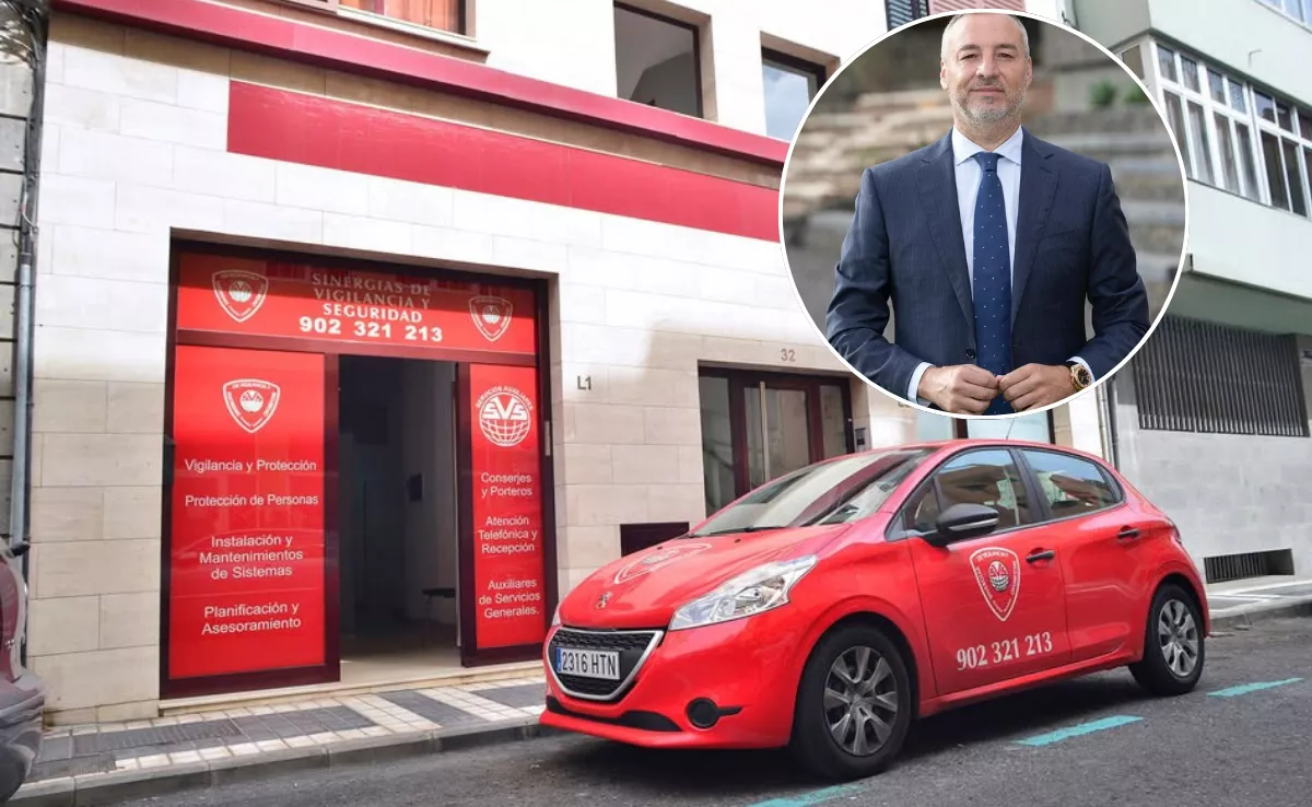 El empresario Miguel Ángel Ramírez sobre una imagen de la compañía Sinergias de Vigilancia y Seguridad, S.A. / MONTAJE AH