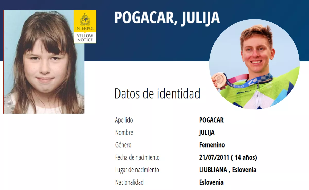 Imagen del cartel de desaparición de Julija Pogačar en la página de la Interpol y el ciclista Tadej Pogačar / AH