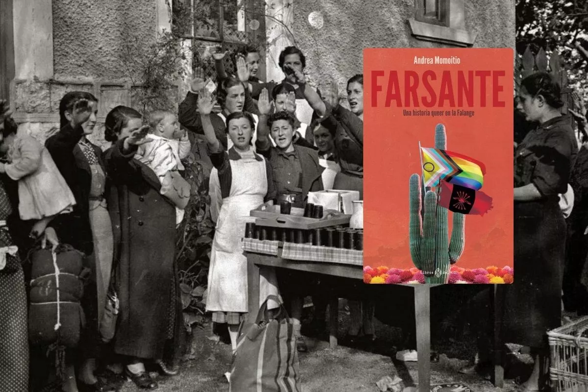 Imagen de Archivo de mujeres de la Sección Femenina y cubierta del libro 'Farsante'. /Wikimedia