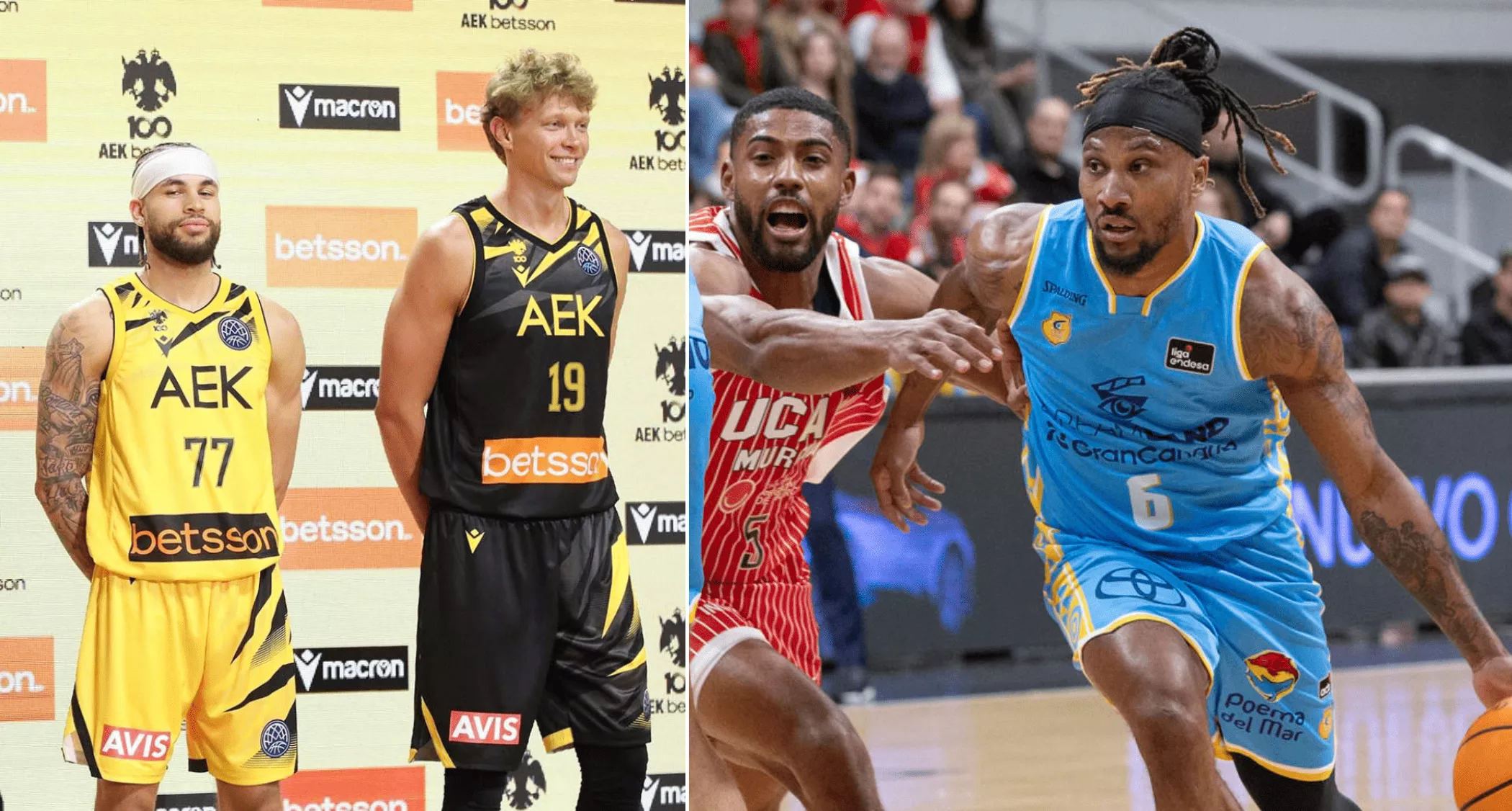 Macron puja por vestir al Granca. En la imagen, camisetas de la marca italiana para el AEK Atenas y la última camiseta de juego del equipo claretiano este fin de semana. / EFE