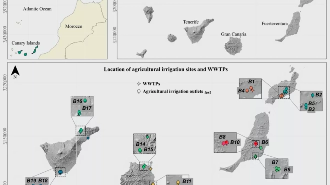 Una de las figuras incluidas en el artículo, que muestra un mapa de salidas de riego y plantas de tratamiento de aguas residuales en Canarias. /ULL